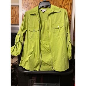 tracy m Lime Green Zip‎ Front Collared Shirt Women's Size S Roll Tab Sleeves